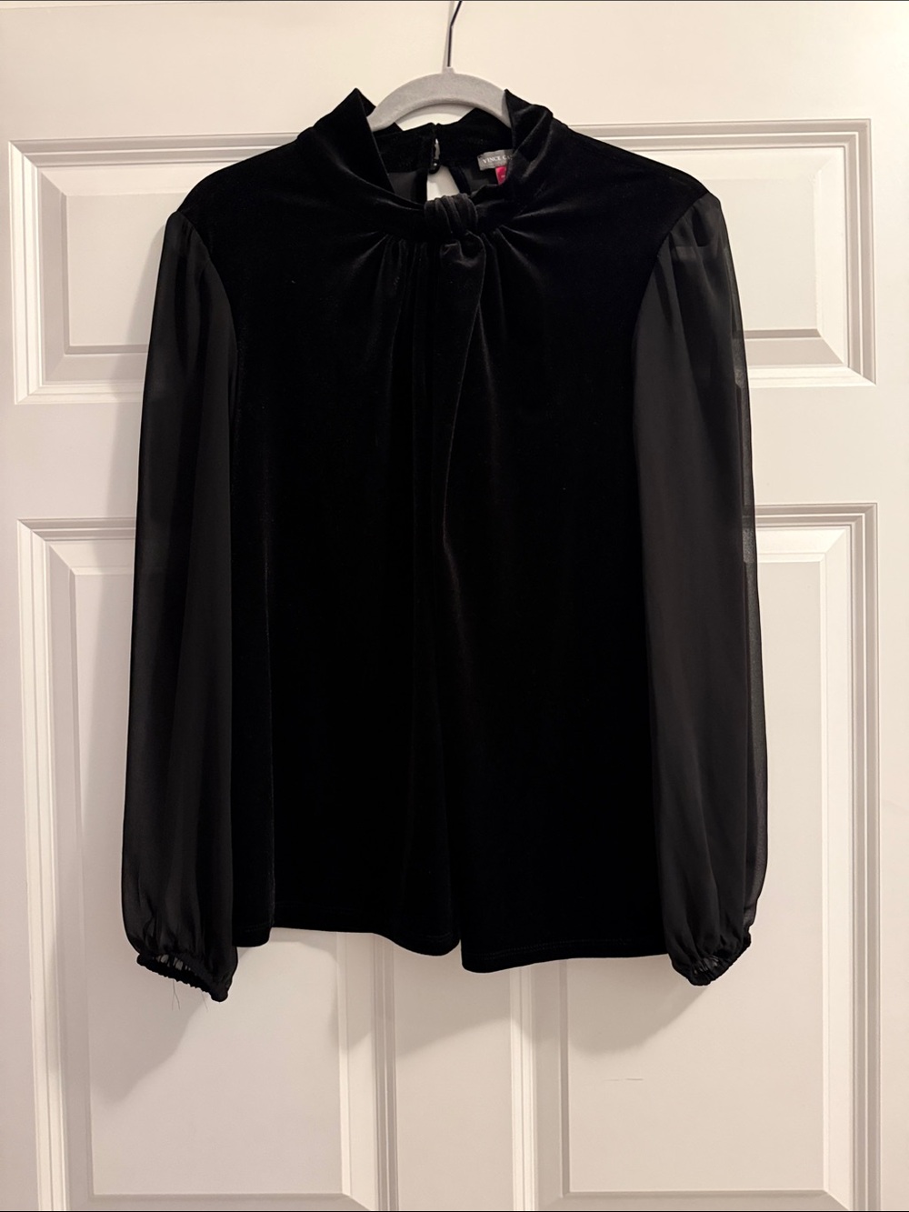 Vince Camuto Black Velvet Tie-Neck Blouse with Sheer Sleeves